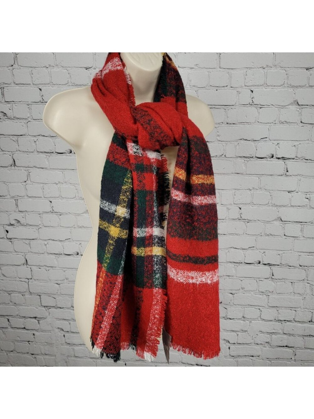 NWT J. Jill Cherry Red Multicolor Plaid Fringe Soft Rectangle Scarf 72x25